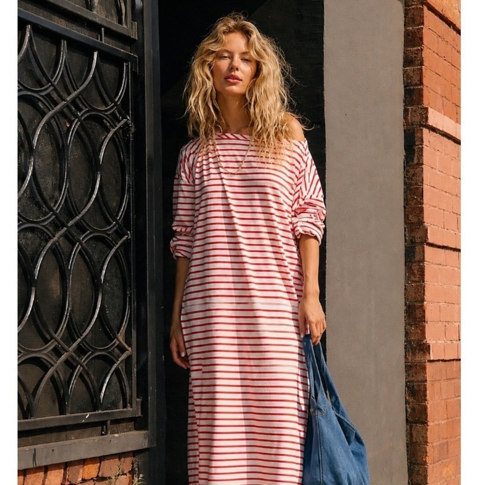 Free People Tivoli Midi Dress Striped Long Sleeve XS Red White Nautical Beach